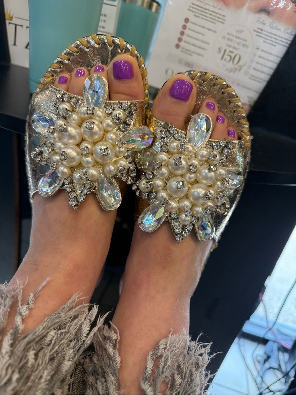 Embellished Pearl & Crystal Gold Slide Sandals - Women